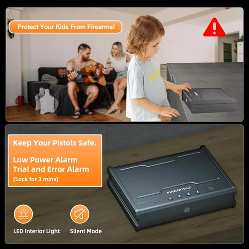 Vista 6 de PINEWORLD Caja fuerte para armas, caja de seguridad biométrica para pistola, caja fuerte para pistola con teclado retroiluminado de huellas