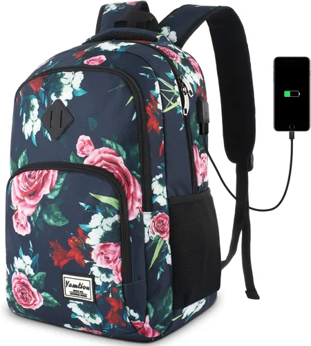 Vista 11 de Mochila escolar YAMTION para adolescentes, mochila con USB para preparatoria y universidad, camuflaje azul