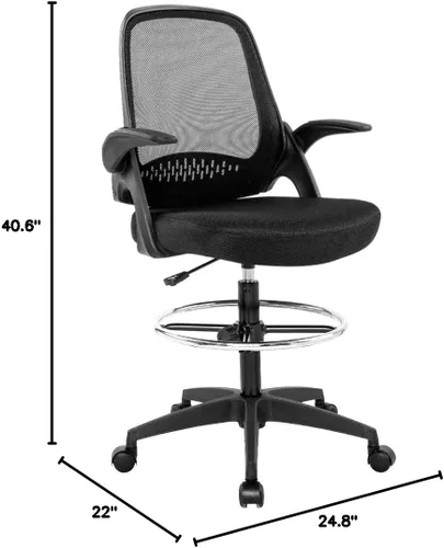 Vista 2 de Silla de dibujo alta de oficina, silla de escritorio de malla, silla de computadora, altura ajustable con soporte lumbar, brazos abatibles, silla