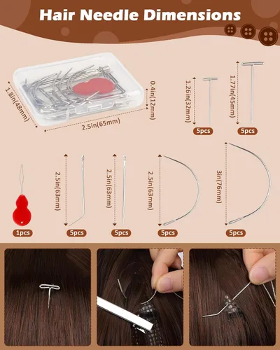 Vista 3 de FIVEIZERO 5 rollos de hilo de extensión de cabello con 30 agujas T/C/J/I con 5 colores, hilos de tejido de cabello, aguja para coser e hilo