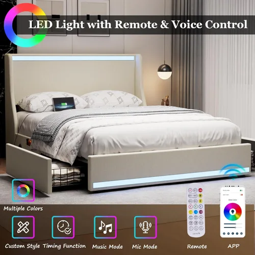 Vista 35 de VECELO Full Size Bed Frame with Storage Drawers, Upholstered Platform Bedframe with Wingback Headboard, No Box Spring Needed, Light Grey