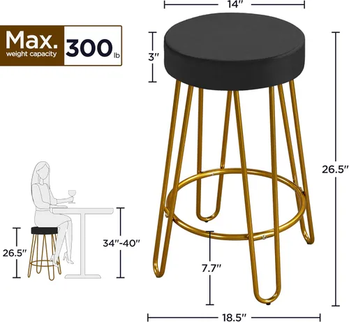 Vista 3 de Yaheetech Juego de 4 taburetes de bar, taburetes redondos de terciopelo, sillas de bar de altura de mostrador sin respaldo con patas doradas