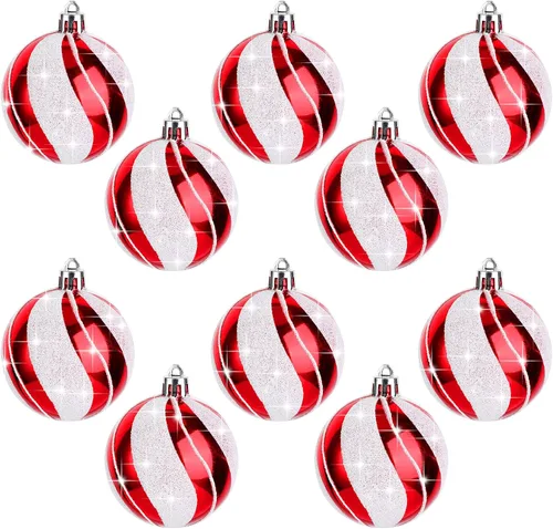 Haull 10 adornos de bola de Navidad de 2.4 pulgadas, adornos colgantes con purpurina, adornos redondos de dulces para decoración de árbol de blanco