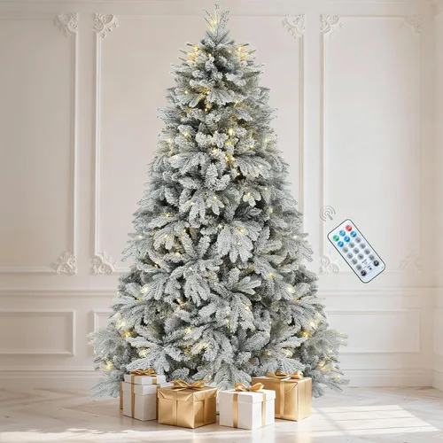 DWVO Árbol de Navidad flocado preiluminado de 6 pies con 1225 agujas como flores, árbol artificial con 260 luces LED, incluye soporte de metal