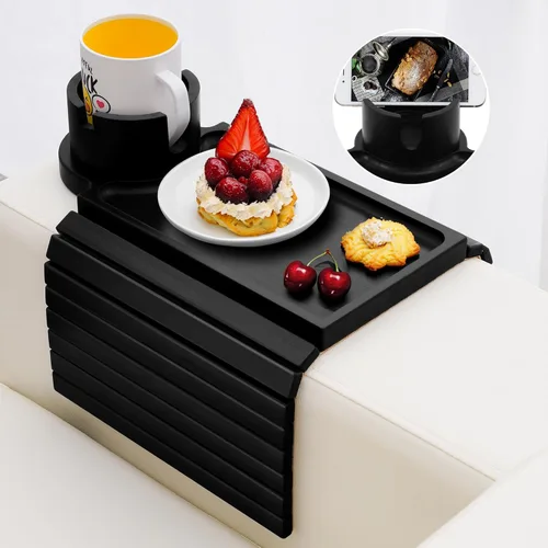 Vista 11 de Bandeja para portavasos de sofá, mesa de madera de acacia con soporte para teléfono, bandeja plegable grande para sofá para mesa de aperitivos