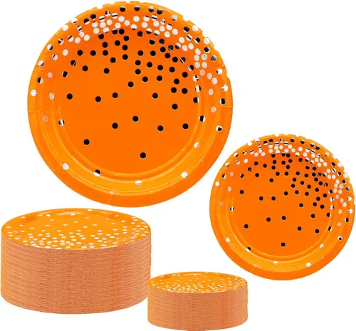 50 piezas de suministros de fiesta – Juego de vajilla naranja con lunares plateados – platos de papel de 7/9 pulgadas para cumpleaños, bodas y más