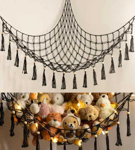 Vista 11 de Hamaca de Almacenamiento de Juguetes de Animales de Peluche con Luz LED - Decoración Organizadora de Muñecas Jumbo de Macramé para Esquina