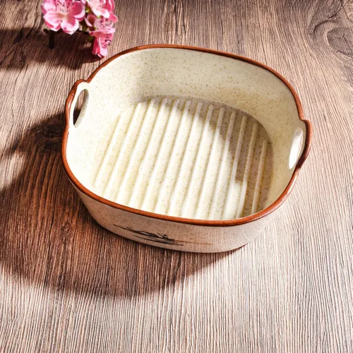 Vista 6 de Cacerola de cerámica de estilo japonés, plato para hornear cuadrado de 6.7 pulgadas con asa, juego de 2, apto para horno y microondas
