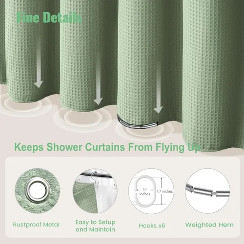 Vista 366 de Cortina de ducha de tela Dynamene verde oscuro - Cortinas de baño de tela de nido de abeja texturizadas resistentes, juego de cortinas de baño