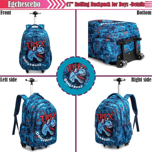 Vista 3 de Egchescebo Mochila con ruedas para niños, 3 unidades, con ruedas, carrito con ruedas, Azul-2, Mochilas de viaje