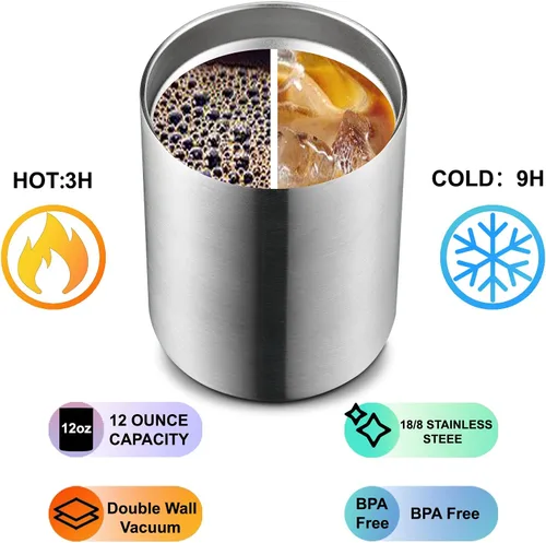 Vista 5 de MEWAY Paquete de 8 tazas de café de 12 onzas con tapa, taza de café reutilizable de acero inoxidable aislada, taza de café duradera de doble pared