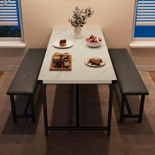 Vista 2 de IDEALHOUSE Juego de mesa de comedor para 4, mesa de cocina con 2 bancos tapizados, juego de mesa de comedor rectangular, juego de mesa de cocina