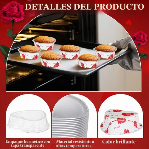 Vista 3 de Ziliny Juego de 100 moldes para pasteles en forma de corazón con tapas, mini moldes de papel de aluminio para tartas de San Valentín, 3.4 fl oz/3.4