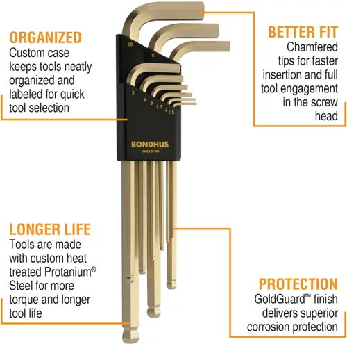 Vista 2 de Bondhus 38099 GoldGuard - Juego de llaves en L (9 unidades)