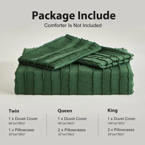 Vista 6 de WARMDERN Juego de funda de edredón de color verde bosque, tamaño Queen, funda de edredón con textura a rayas, juego de ropa de cama bohemio, 3