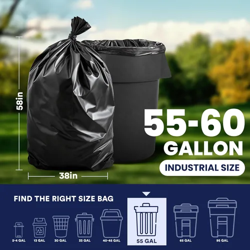 Vista 3 de Plasticplace - Bolsas de basura T55151BK de 55-60 galones │ 1.5 mil │ Revestimientos negros resistentes para botes de basura │Rollos │ 38 x 58