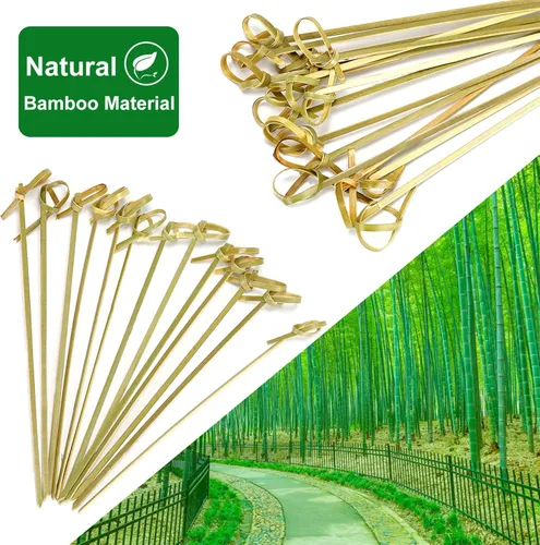 Vista 3 de Minisland 200 palillos de dientes de bambú prémium para cóctel, 4.7 y 6 pulgadas de largo, brochetas anudadas para bocadillos de frutas, aperitivos