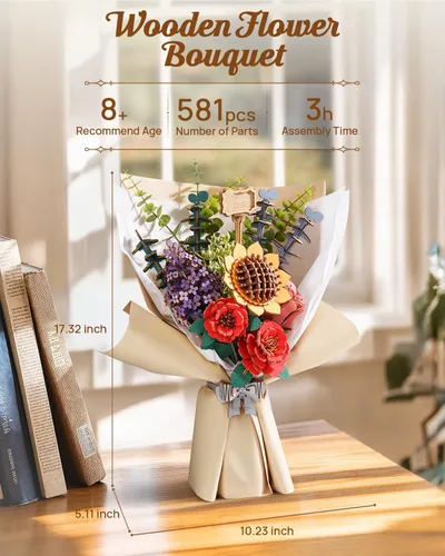 Vista 5 de Rowood Rompecabezas 3D para adultos, juego de construcción de ramo de flores de madera, colección botánica de flores artificiales, día de la madre