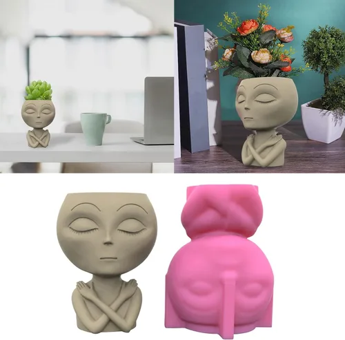 Vista 2 de Molde de silicona de hormigón alienígena para macetas suculentas, moldes de yeso de cemento de arcilla, moldes de bricolaje para macetas de jardín