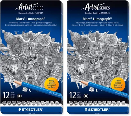 STAEDTLER Mars Lumograph - Lápices de dibujo artístico, sostenibles, resistentes a la rotura, estuche de metal, 12 unidades (paquete de 2)