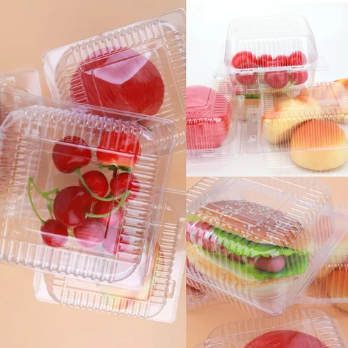 Vista 6 de 150 piezas de plástico de 5 x 5 pulgadas, bandeja cuadrada de postre con bisagras, caja desechable para comida para llevar, contenedor transparente