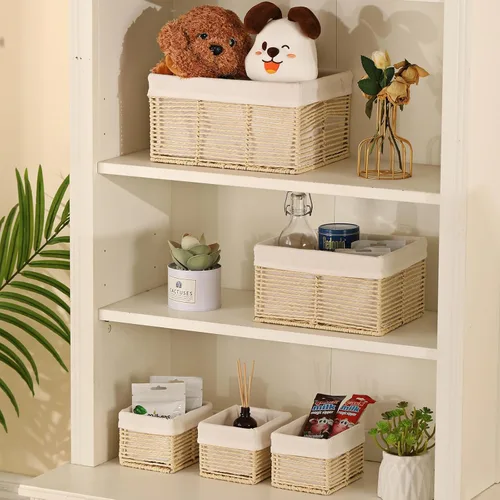 Vista 5 de Vagusicc Cesta de almacenamiento de mimbre, cesta de cuerda de papel tejida a mano, cesta rectangular pequeña para organizar, contenedor de Beige
