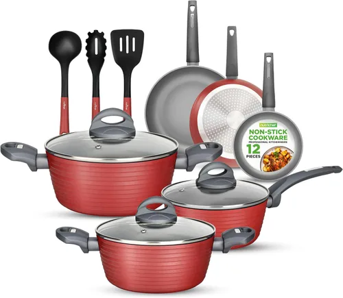 Vista 9 de NutriChef Juego de utensilios de cocina antiadherentes de 12 piezas, sin PFOA/PFOS, resistente al calor, ollas de cocina de laca color gris Azul