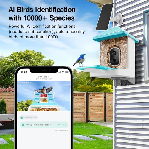Vista 5 de Comedero inteligente para pájaros con cámara, identificación de especies con inteligencia artificial, casa de pájaros con energía solar, alertas