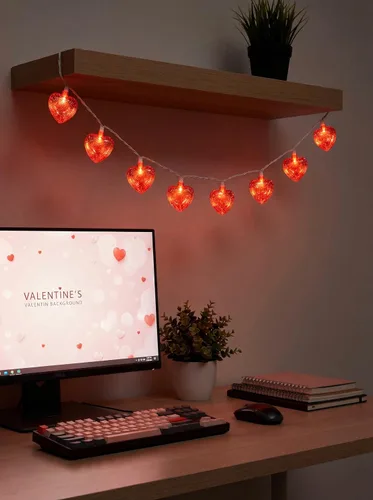 Vista 6 de Guirnalda de luces de hadas de corazón rojo de 8.5 pies, luces de decoración del día de San Valentín con 10 luces de corazón 3D rojas, luz de Plata