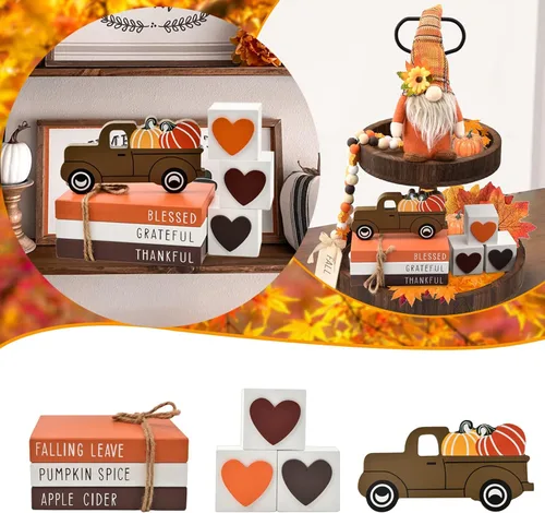 Vista 7 de Sarybei Decoración de bandeja escalonada de conejo de Pascua, 3 libros de imitación de doble cara, 3 letreros de madera de conejito 1 camión peeps