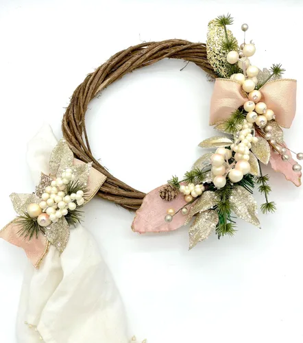 Vista 3 de Rose and Champagne Gold Christmas Holiday Wreath with Eucalyptus leaves, Branches and Gold Glitter Branches & Leaves on Pine Needle Wreath Base