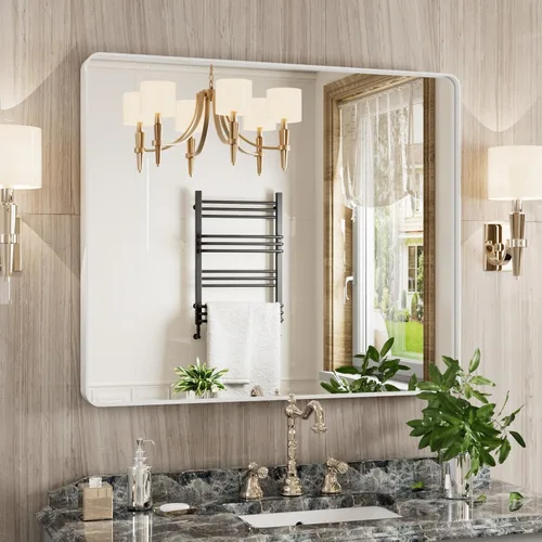 Vista 17 de JISOSO - Espejo de baño negro de 20x30 pulgadas con marco de metal negro, espejo de tocador rectangular redondeado con acabado mate para pared