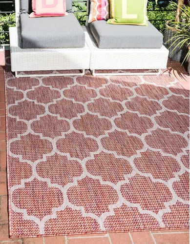 Vista 50 de Unique Loom Outdoor Trellis Collection Alfombra de Área (5' 1" x 8' Oval, Aguamarina/Gris)