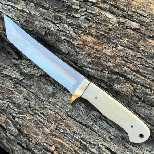 Hecho a mano caza hoja fija Tanto cuchillo con funda de cuero cuchillo de acero al carbono al aire libre para desollar camping aventura para dotado