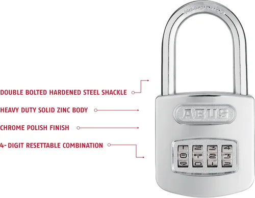 Vista 3 de ABUS 160/50HB50 Candado combinado cromado reajustable resistente a la intemperie, 4 diales, con grillete largo de 2 pulgadas