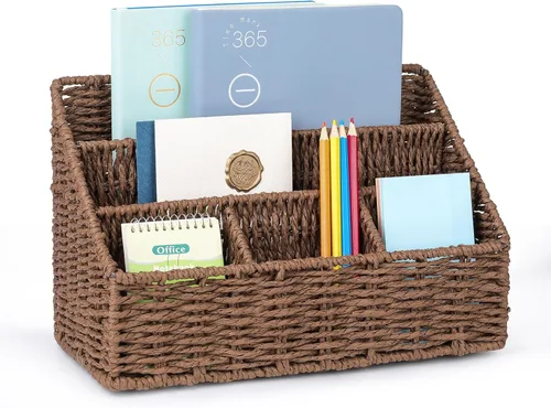 DINGTAI Organizador de escritorio de ratán, soporte de correo de mesa, organizador de correo de 5 ranuras, cesta de encimera, suministros de oficina