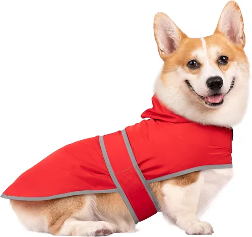 Vista 45 de Chubasqueros para perros pequeños, cachorros, chaqueta impermeable con capucha con tiras reflectantes, agujero para correa y poncho de ajuste