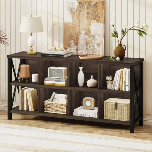 Vista 2 de FATORRI Estantería organizadora de almacenamiento de 8 cubos, estantería de madera rústica, estante horizontal industrial para sala de estar, Nogal