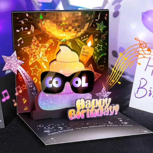 Vista 10 de BYKOOO Tarjeta de cumpleaños Tarjetas de cumpleaños musicales desplegables con luz Vela de luz LED soplada y tarjeta desplegable de música