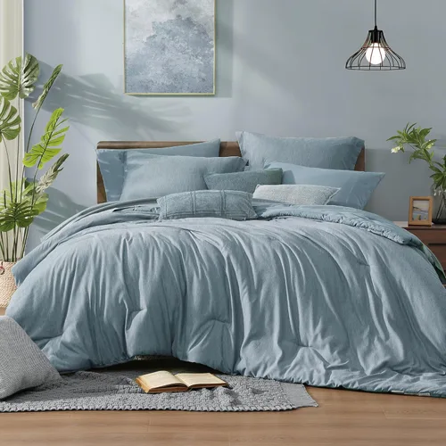 Vista 20 de Monbix - Juego de edredón de 7 piezas, teñido catiónico, color verde oliva, ropa de cama en una bolsa, tamaño Queen, con edredón, sábanas, fundas