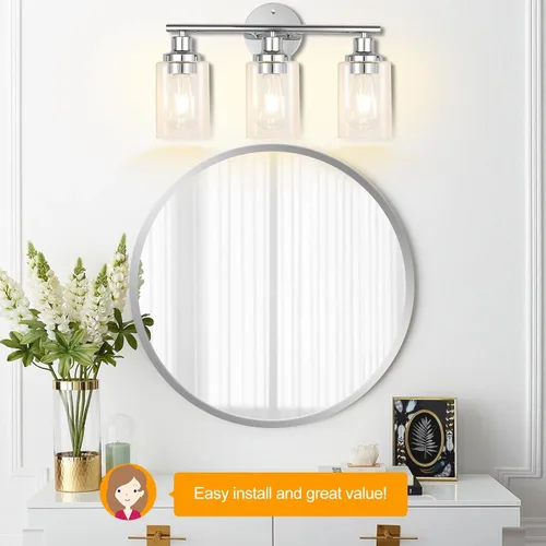 Vista 5 de Accesorios de Iluminación de Baño Watyo, Lámpara de Tocador Cromada, Plata, 3 Luces, Apliques Modernos para Baño con Pantallas de Vidrio