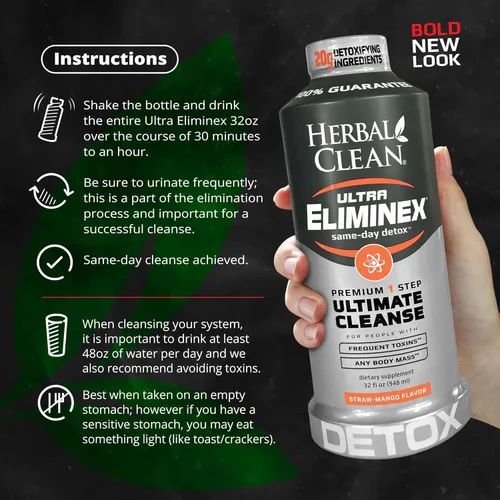 Vista 4 de Herbal Clean Same Day Ultra Eliminex Limpiador de desintoxicación* (946 ml) - Sabor pajita-mango Bebida completa de limpieza y desintoxicación