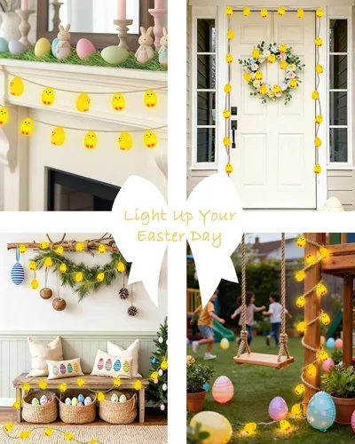 Vista 6 de YIQU Guirnalda de luces de decoración de Pascua, 10 pies, 12 LED, guirnalda de mantel de pollitos para interiores, funciona