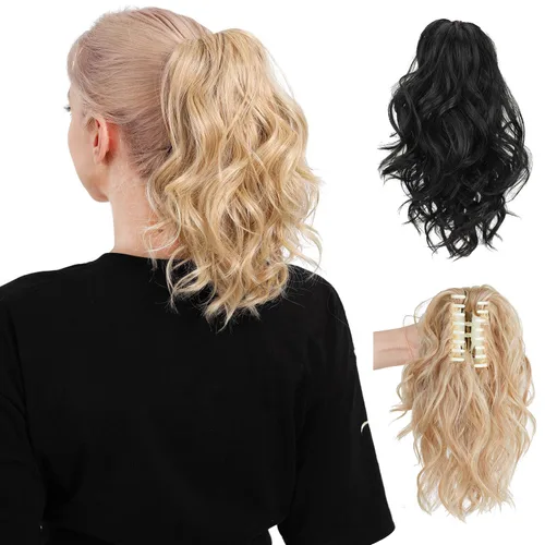 Vista 16 de Colas de caballo gruesas y rizadas, extensión de cola de caballo ondulada sintética, extensiones de cabello con clip de cola de caballo mediana