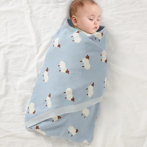 Vista 4 de mimixiong Manta de bebé tejida 100% algodón para niños y niñas con lindas ovejas tamaño 30 x 40 pulgadas, azul