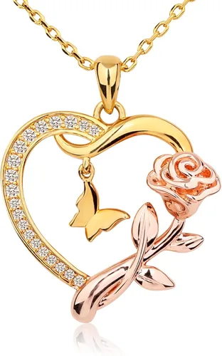 Alsanix Collar con colgante de rosa de mariposa en forma de corazón plata de ley 925 collar de corazón para mujer chapado en oro de 14 quilates