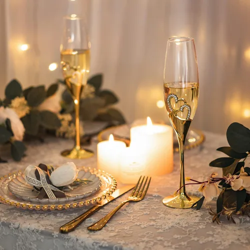 Vista 2 de Copas de champán para boda, copas de flauta para novia y novio, creativas copas de vidrio de lujo con borde de diamantes de imitación decoración