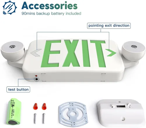 Vista 5 de FREELICHT Paquete de 4 letreros de salida verdes con luces de emergencia, dos luces LED de salida de emergencia ajustables con batería, señal