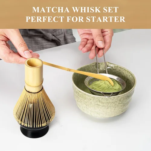 Vista 3 de Juego de batidor de matcha, kit para hacer matcha con batidor (soporte Chasen), soporte de batidor de cerámica (negro), pala de bambú, tamizador