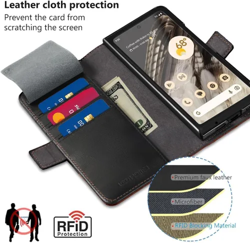 Vista 3 de KEZiHOME Funda para Google Pixel Fold, cuero genuino [bloqueo RFID] Funda tipo cartera con ranuras para tarjetas, función atril y tapa protectora